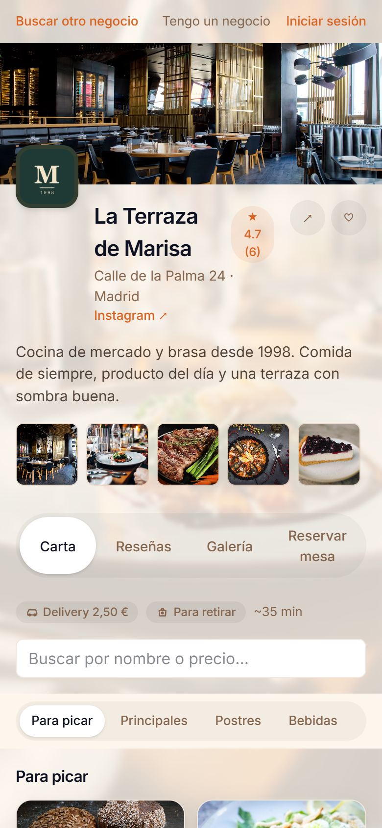 Ficha pública de un restaurante en Kyoo: portada, logo, valoración, galería de fotos y la carta por secciones con precios.