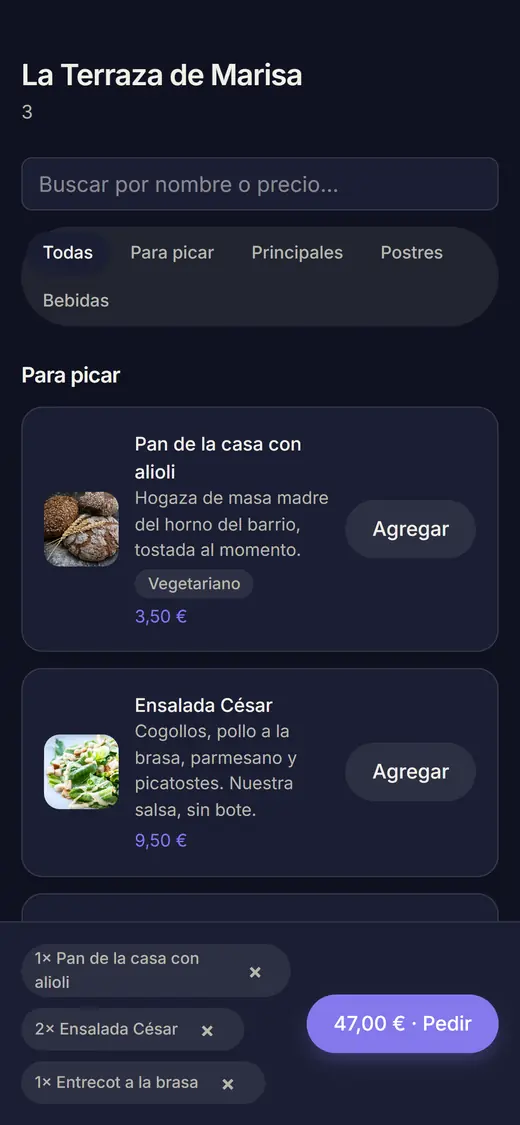Carta de La Terraza de Marisa en el móvil del cliente, con los platos, sus fotos y el pedido empezado por 47,00 €.