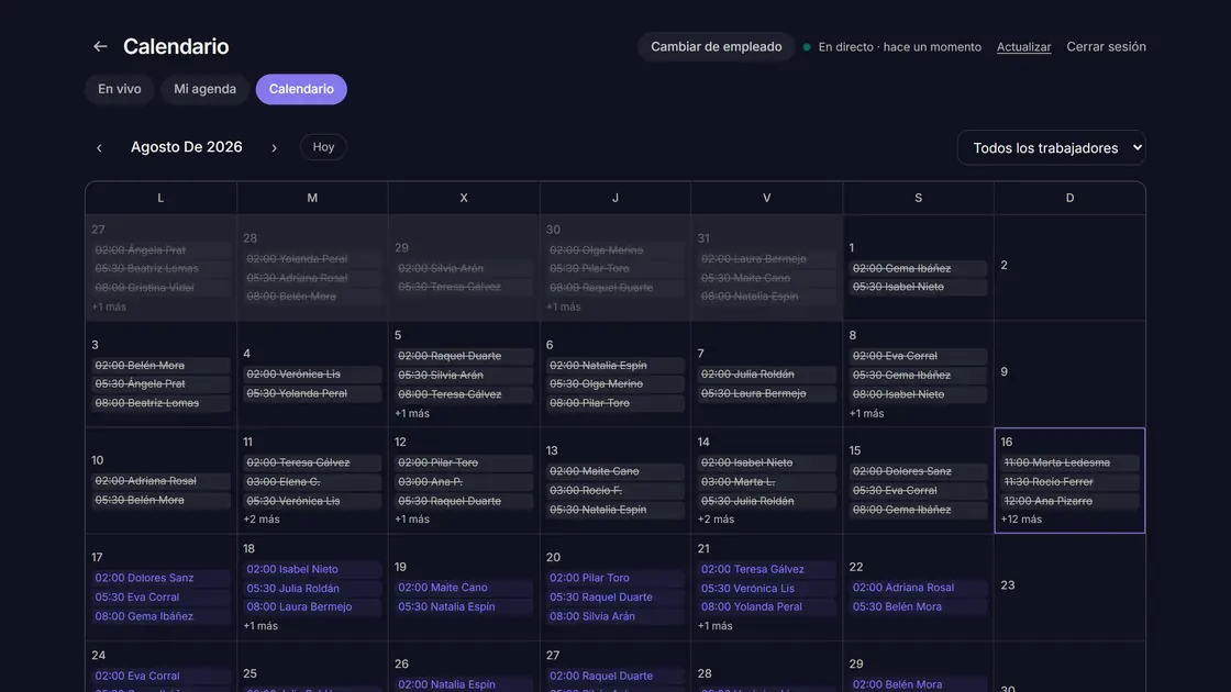Calendario mensual del portal del personal con las citas de cada día y el selector de profesional.