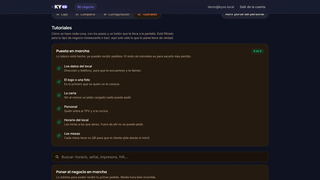 Pestaña de tutoriales del panel del negocio con la lista de puesta en marcha y sus pasos marcados.