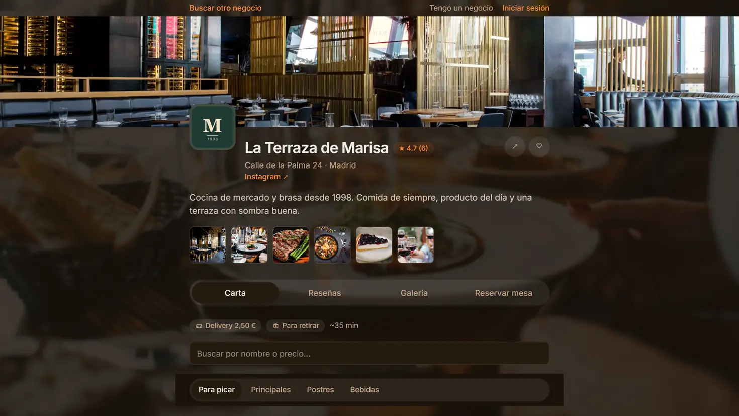 Ficha pública de La Terraza de Marisa en Kyoo: portada del local, logo, descripción, tira de fotos y las pestañas de carta, reseñas, galería y reservar mesa.