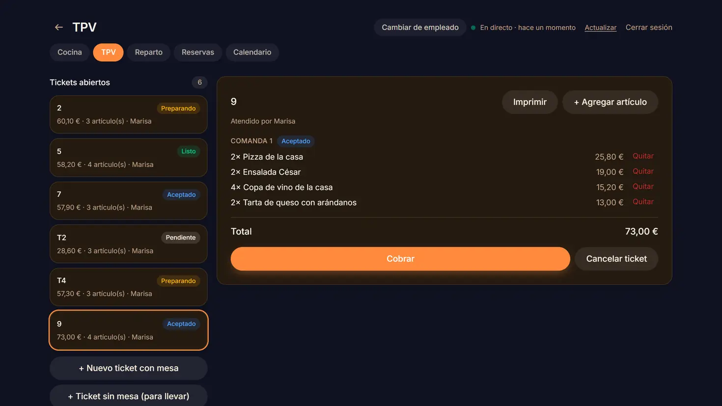 TPV de Kyoo con seis tickets abiertos y el de la mesa 9 en pantalla: cuatro líneas de comanda y un total de 73,00 €.